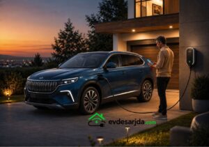 Evde wallbox ile şarj edilen mavi Togg T10X ve şarj ayarlarını kontrol eden kullanıcı