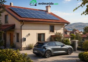 Güneş panelli çatısı bulunan müstakil evin önünde, ev tipi şarj istasyonuna bağlı elektrikli araç